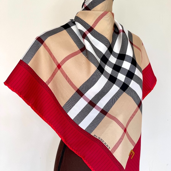 Display # 1 Burberry Scarf Iconic Beige Check Red Border Silk Wrap - Picture 4 of 14